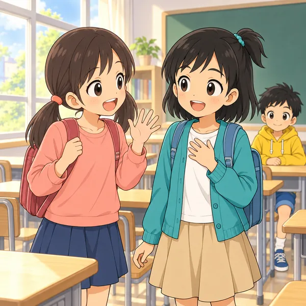次の日の学校。相手の女の子が笑顔でミオに話しかけ、ミオがほっとして笑っている