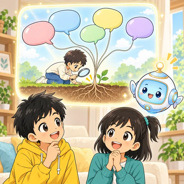 AIロボットが、飛んでいく吹き出しの風船のひもをたどって根元を探す絵を見せている。