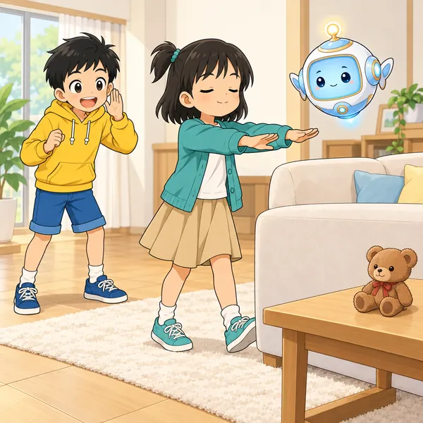 リビングで、ミオが目をつむってロボットのまねをし、ハルが声をかけている。テーブルにくまのぬいぐるみ。
