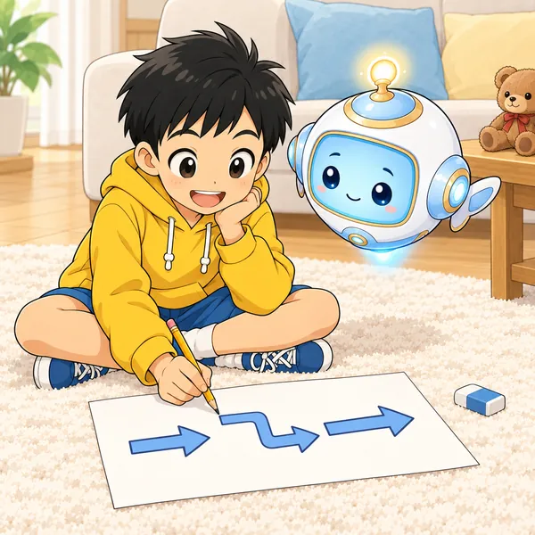 ハルが床で、紙に矢印の絵を並べて描きなおし、AIロボットがのぞきこんでいる。