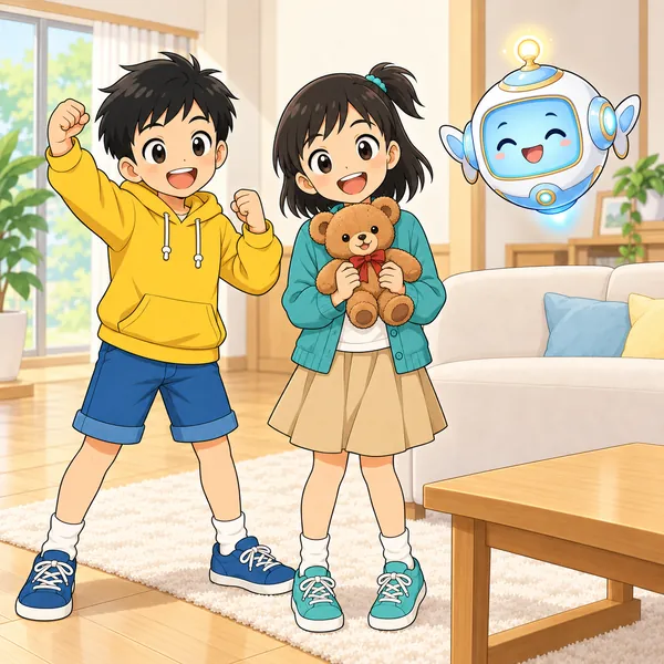 目をあけたミオがくまのぬいぐるみを持って笑い、ハルがガッツポーズをしている。