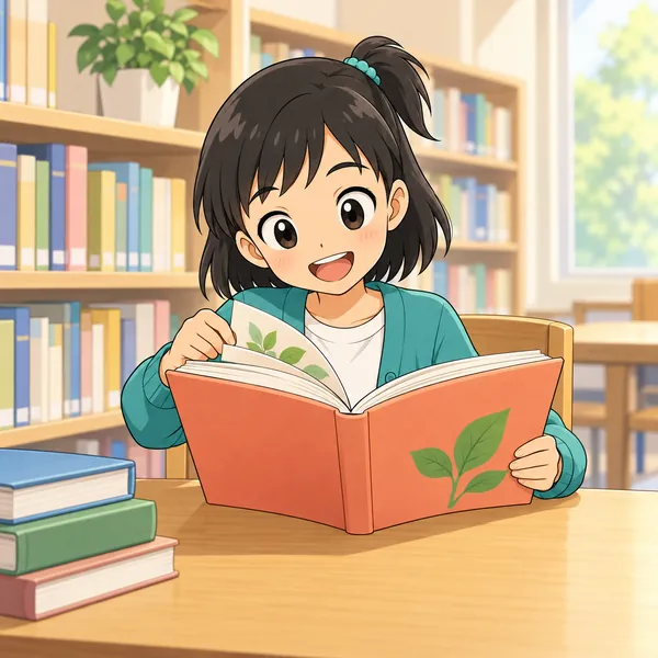ミオが図書室で本を読み、「なるほど」とうなずきながら、どんどん読み進めている