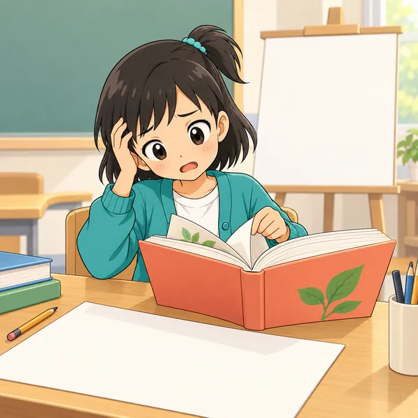 発表の準備の場面。ミオが何を読んだか思い出せず、また同じ本を最初から探している