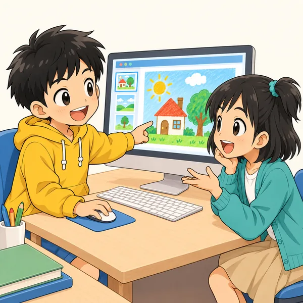 ハルが友だちから「これ、どうやって作ったの」と聞かれ、教えている