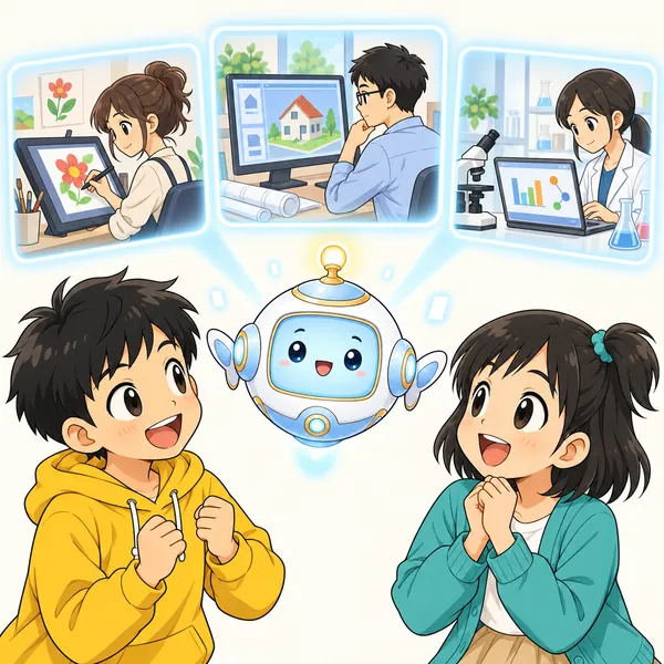 アイが浮かび、いろいろな仕事の場面でパソコンが使われているイメージをやさしく見せている