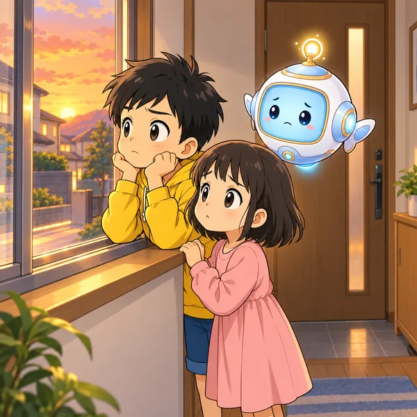 夕方、ハルの家の玄関で、ハルと妹がまだ来ない荷物を待ってまどの外を見ている。