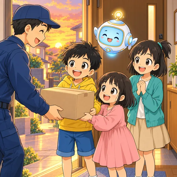 玄関で荷物を受け取ったハルと妹とミオが笑っている。