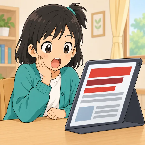 ミオが、大きな文字の見出しが並ぶ画面を見て、おどろいた顔をしている