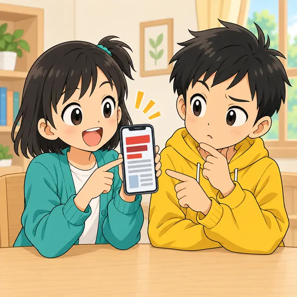 ミオがその見出しを友だちに伝えようとして、スマホを持ち上げている