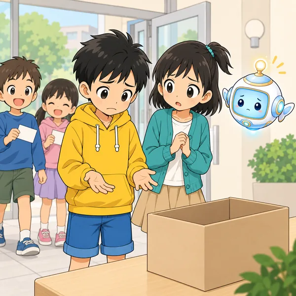 公民館の受付で、ほかの子はカードを持っているのに、ハルだけ持っておらずがっかりしている。