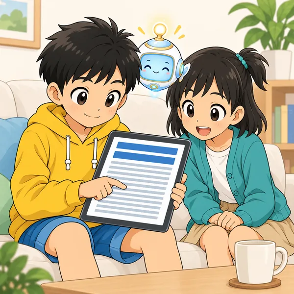 ハルが次のお知らせを、本文の行を指でたどりながらゆっくり読んでいる。