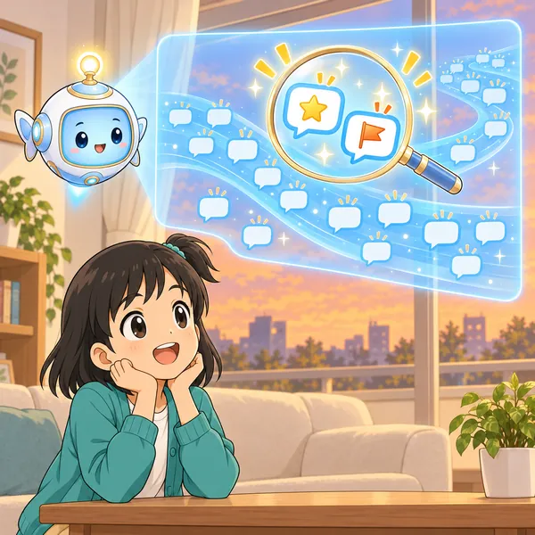 AIロボットが、たくさんの吹き出しの中から星と旗のものだけを虫めがねですくう絵を見せている。