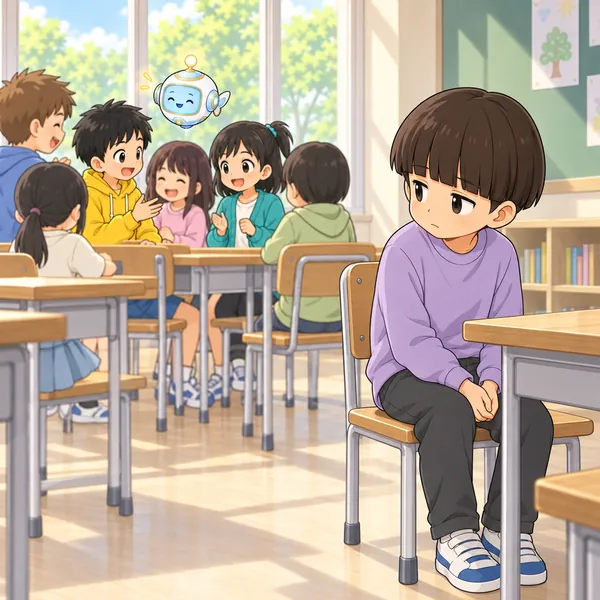 教室のすみで、その子が誘われずに一人で座っている