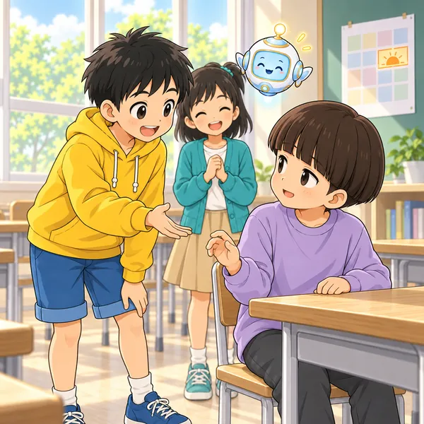 ハルがその子に近づき、明日いっしょに行こうと誘っている