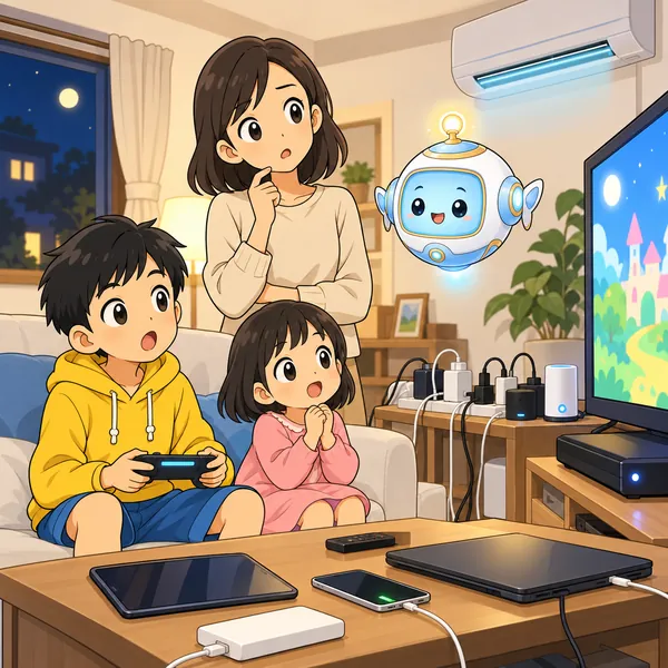 夜のリビングで機械がたくさんついていて、ハルと妹とお母さんが首をかしげている。