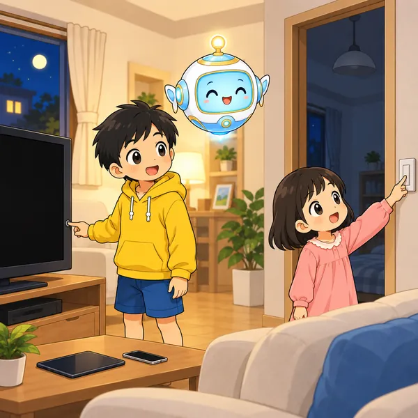 ハルが見ていないテレビを消し、妹がだれもいない部屋の電気を消している。