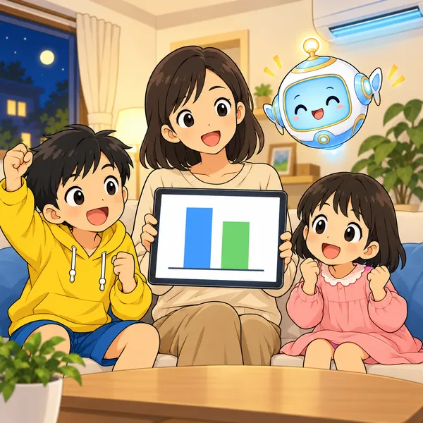 お母さんが少し短くなったぼうグラフを見せ、ハルと妹とAIロボットがよろこんでいる。
