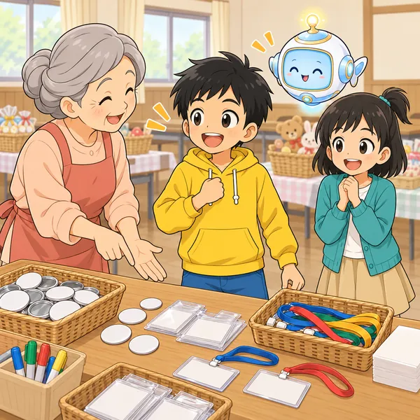 集会所で、大人に名札づくりをたのまれ、ハルが張り切っている。
