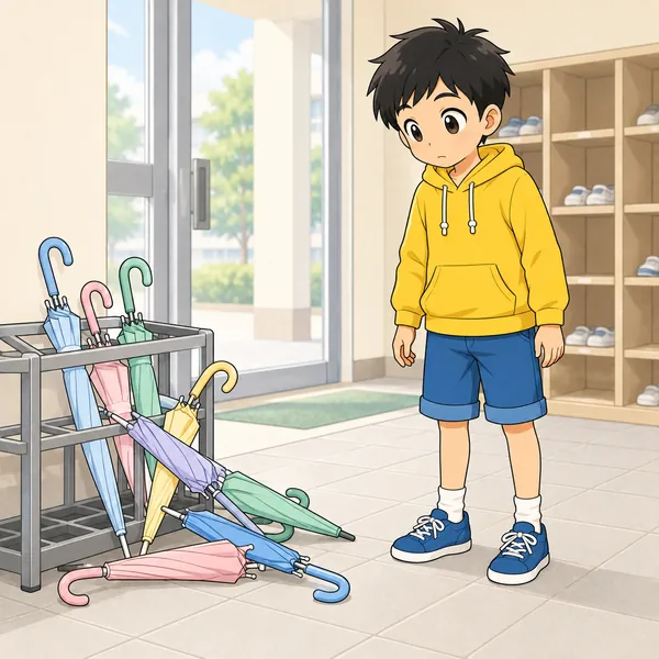 昇降口。かさ立てのかさが倒れてぐちゃぐちゃになっている