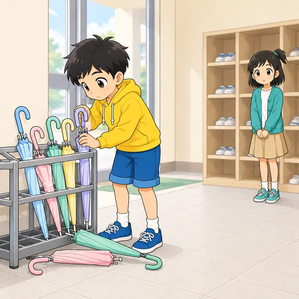 ハルがかさを立て直している。だれも見ていない
