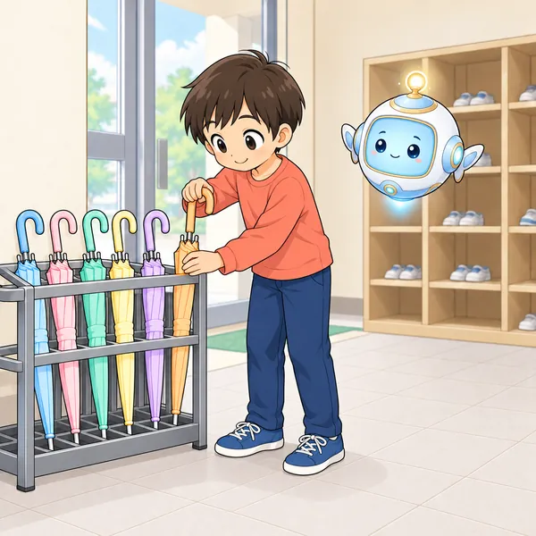 二人が帰っていったあと、別の子がきれいなかさ立てを見て、そっと自分のかさをそろえて入れている