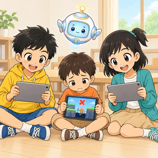 集会室で、ミオの小さな弟の画面でキャラが穴に落ち、弟がしょんぼりしている。