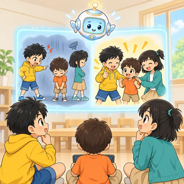 AIロボットが、責められてばらばらのチームと、声をかけてまとまるチームの絵を見せている。