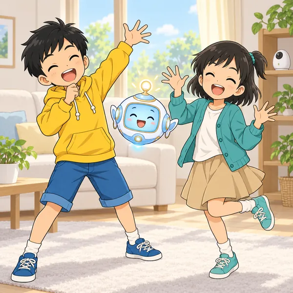 リビングでハルとミオが大きな声で変な歌を歌い、棚の上に小さなカメラがある。