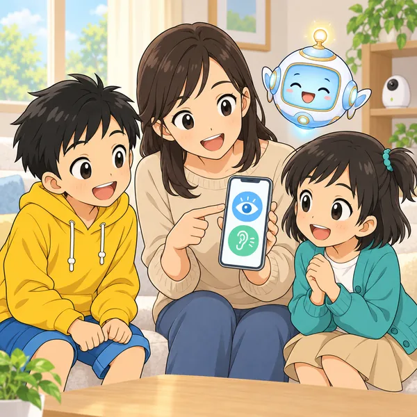 ハルのお母さんがスマートフォンを見せて説明し、ハルとミオが安心している。