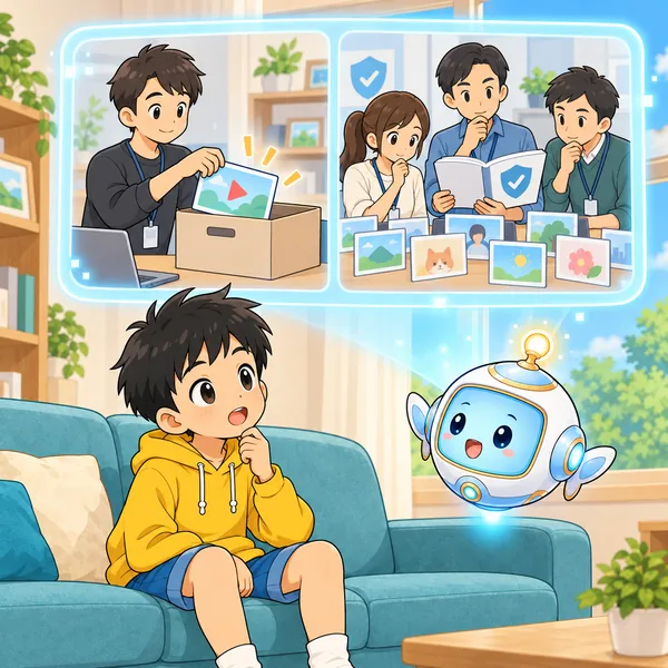 AIロボットが、出した人がしまう絵と、決まりを確かめて見守る大人たちの絵を見せている。