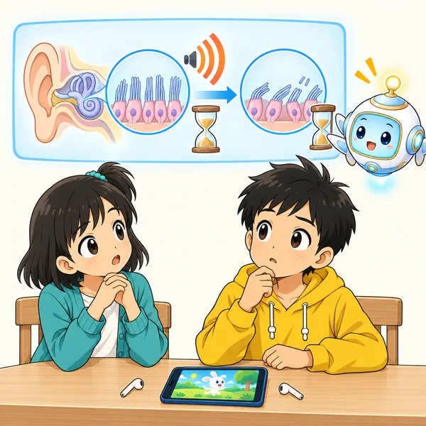 アイが、大きな音を長く聞き続けると耳が戻りにくくなることを図で見せている