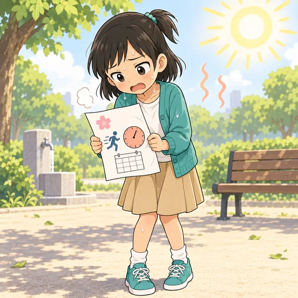 ミオが4月に立てた「毎日1時間走る」という目標の紙を見ている