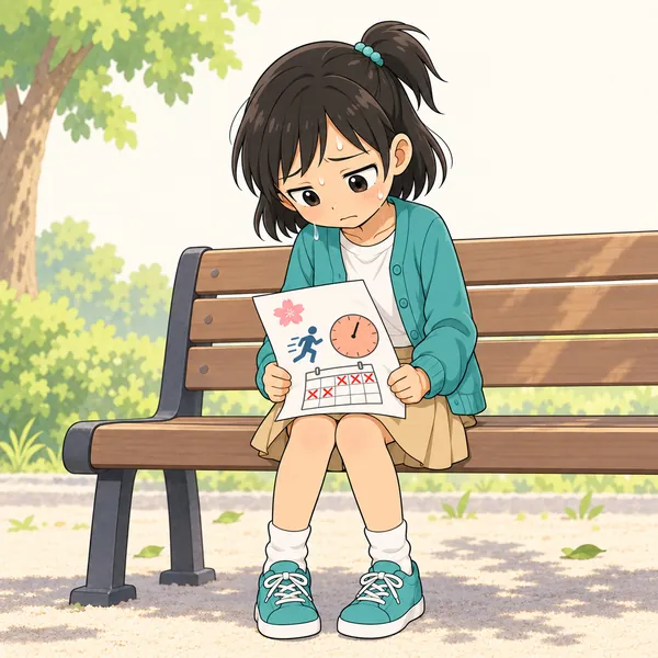 ミオが続けられない自分を責めて、うつむいている