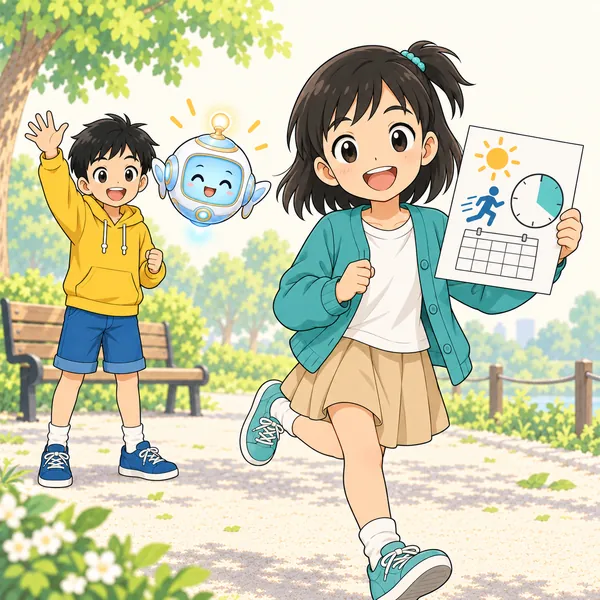 ミオが「暑い日は20分」と書き直した紙を見て、軽い足どりで走っている