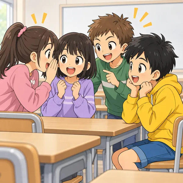 教室。子ども数人が集まって、うわさ話で盛り上がっている