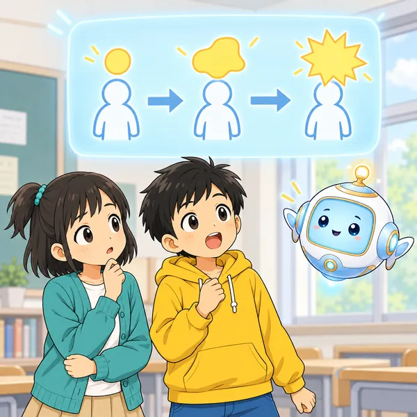 アイが浮かび、うわさが人から人へ伝わっていくうちに形が変わっていく様子をやさしく見せている