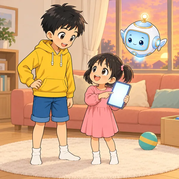妹がタブレットの動画を指さして、おもちゃをほしがっている。