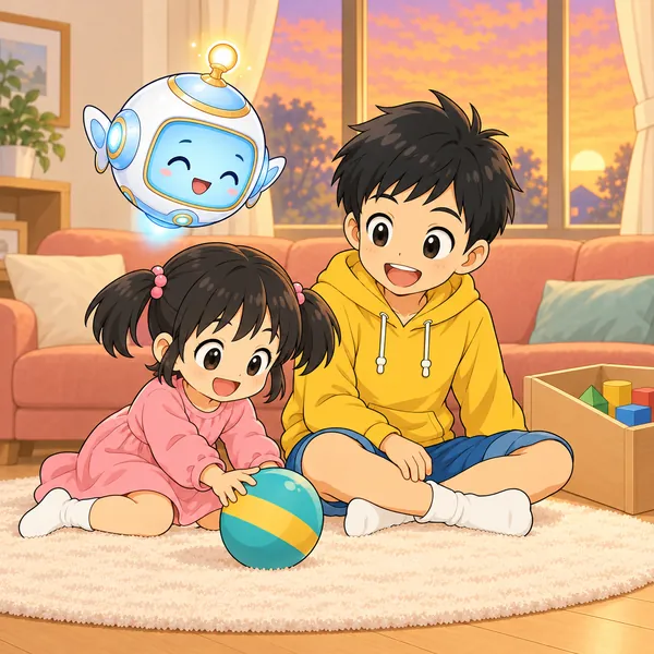 妹が家のおもちゃで楽しそうに遊び、ハルが笑っている。