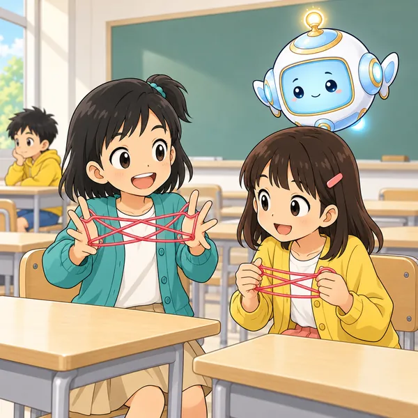 ミオが友だちに、毛糸のあやとりを教えている。