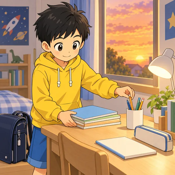 夕方の部屋。ハルが明日の準備をして、机の上をかたづけている