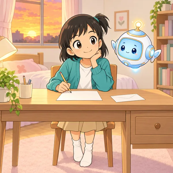 ミオが机で、便せんを前にしている。