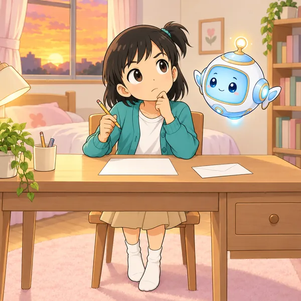 ミオがえんぴつを止めて考えこんでいる。