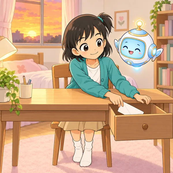 ミオがふうとうを引き出しにしまって笑っている。