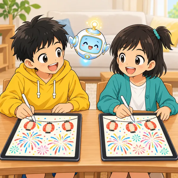 ハルとミオがそれぞれのタブレットで、同じポスターにいっしょに描きこんでいる。