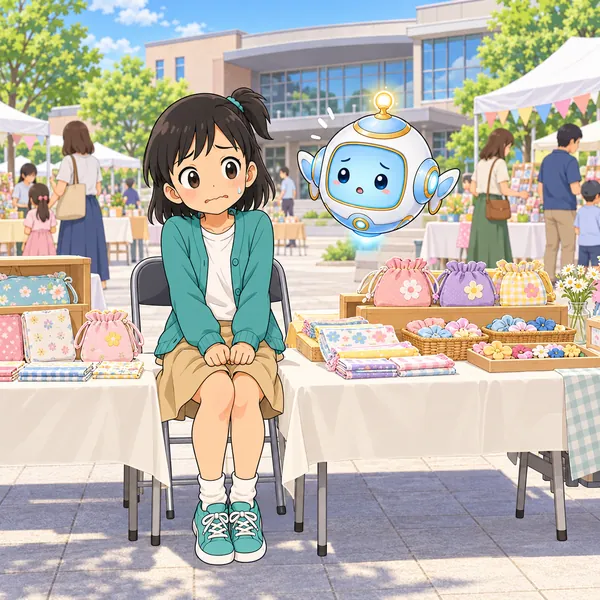 子ども市で、ミオが一人で店番をしながら、もじもじしている。