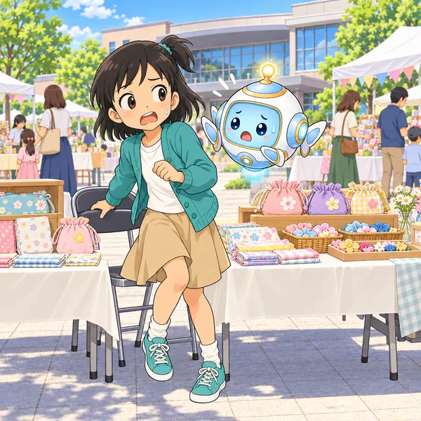 ミオが品物を置いたまま、席を立ちかけている。