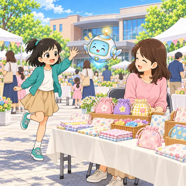 ミオの母が店番をし、ミオが小走りでもどってきている。