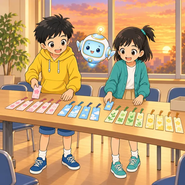 ハルとミオが、しおりを色ごとに並べなおしている。