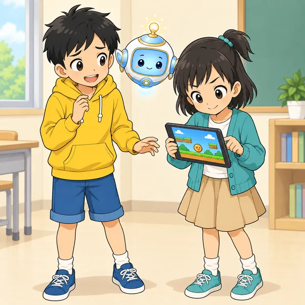 ハルがおそるおそるタブレットをわたし、ミオが真剣な顔でそのゲームを遊んでいる