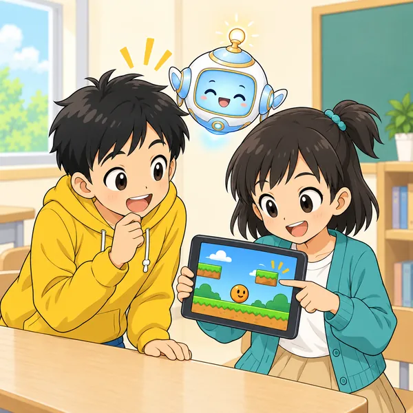 ミオが画面の一か所を指さして伝え、ハルが「なるほど」と気づいた顔